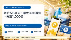 コーナンのP&G楽天ポイント最大30%還元、アースえらべるPay、サントリー先着えらべるPayキャンペーンをまとめたアイキャッチ