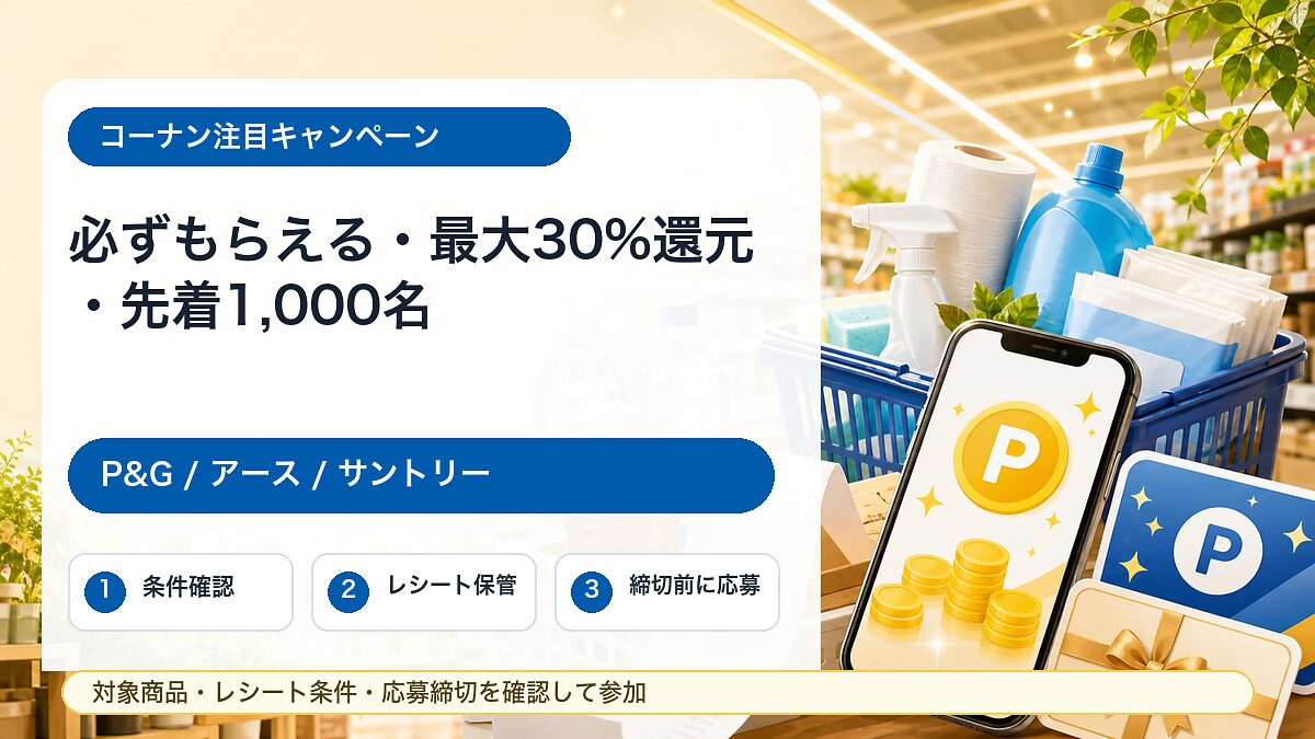コーナンのP&G楽天ポイント最大30%還元、アースえらべるPay、サントリー先着えらべるPayキャンペーンをまとめたアイキャッチ