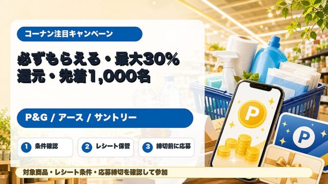 コーナンのP&G楽天ポイント最大30%還元、アースえらべるPay、サントリー先着えらべるPayキャンペーンをまとめたアイキャッチ