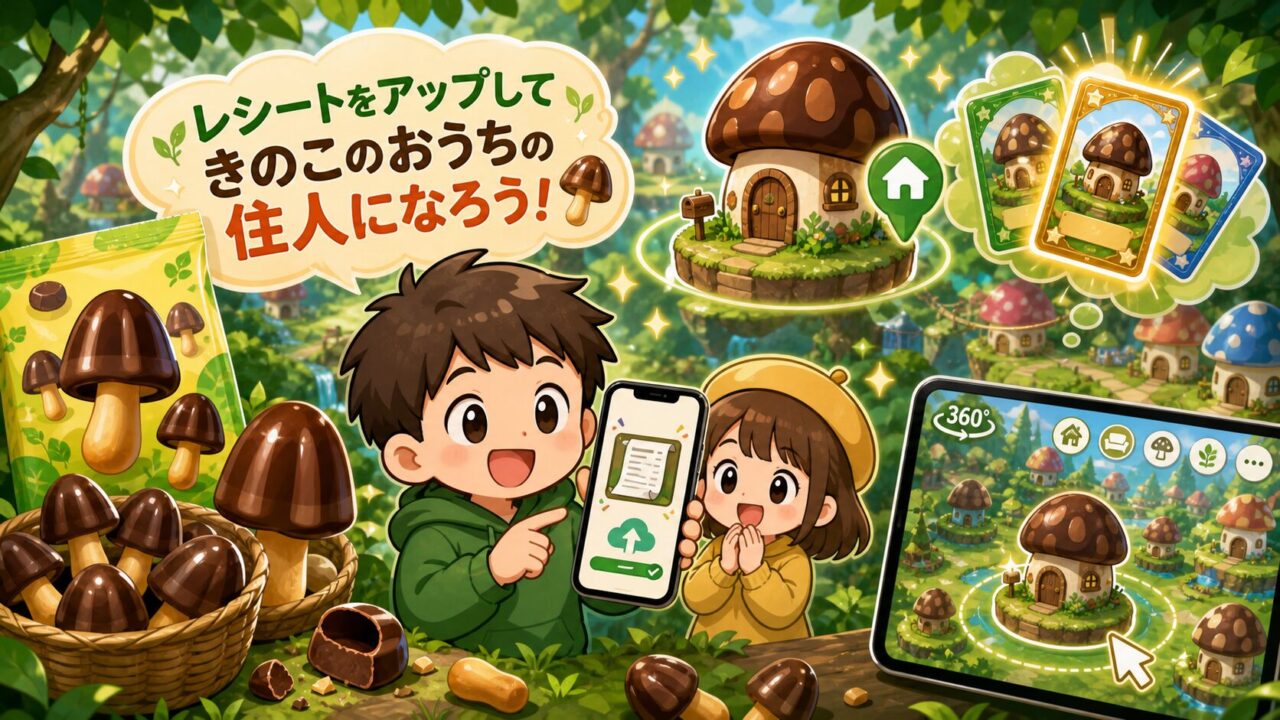 きのこの山とたけのこの里のレシート応募でバーチャル空間のきのこのおうちを楽しむ企画をイメージしたアイキャッチ