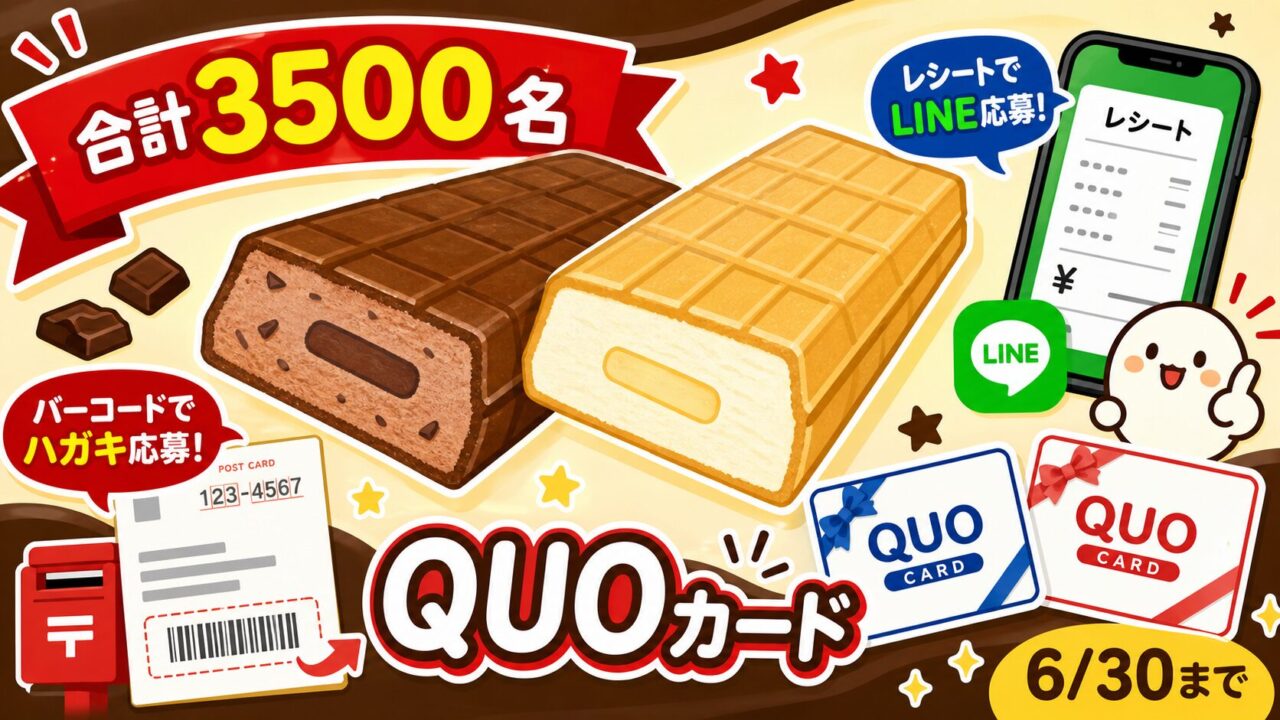 チョコモナカジャンボとバニラモナカジャンボでQUOカードが当たるキャンペーンをイメージしたアイキャッチ