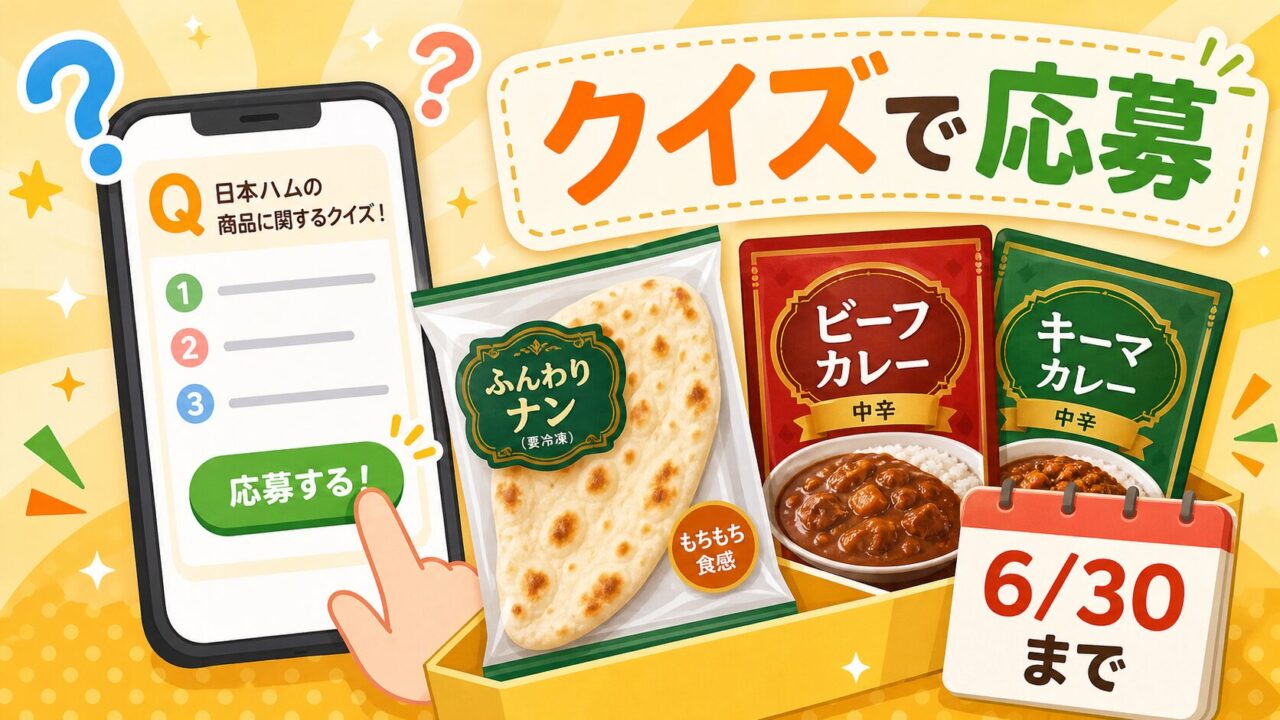 日本ハムグループのクイズ応募でナーンとカレー詰め合わせが当たるキャンペーンをイメージしたアイキャッチ