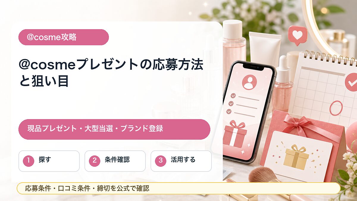 @cosmeプレゼントの応募方法、現品プレゼント、ブランドファンクラブ登録の確認ポイントをまとめたガイドのアイキャッチ