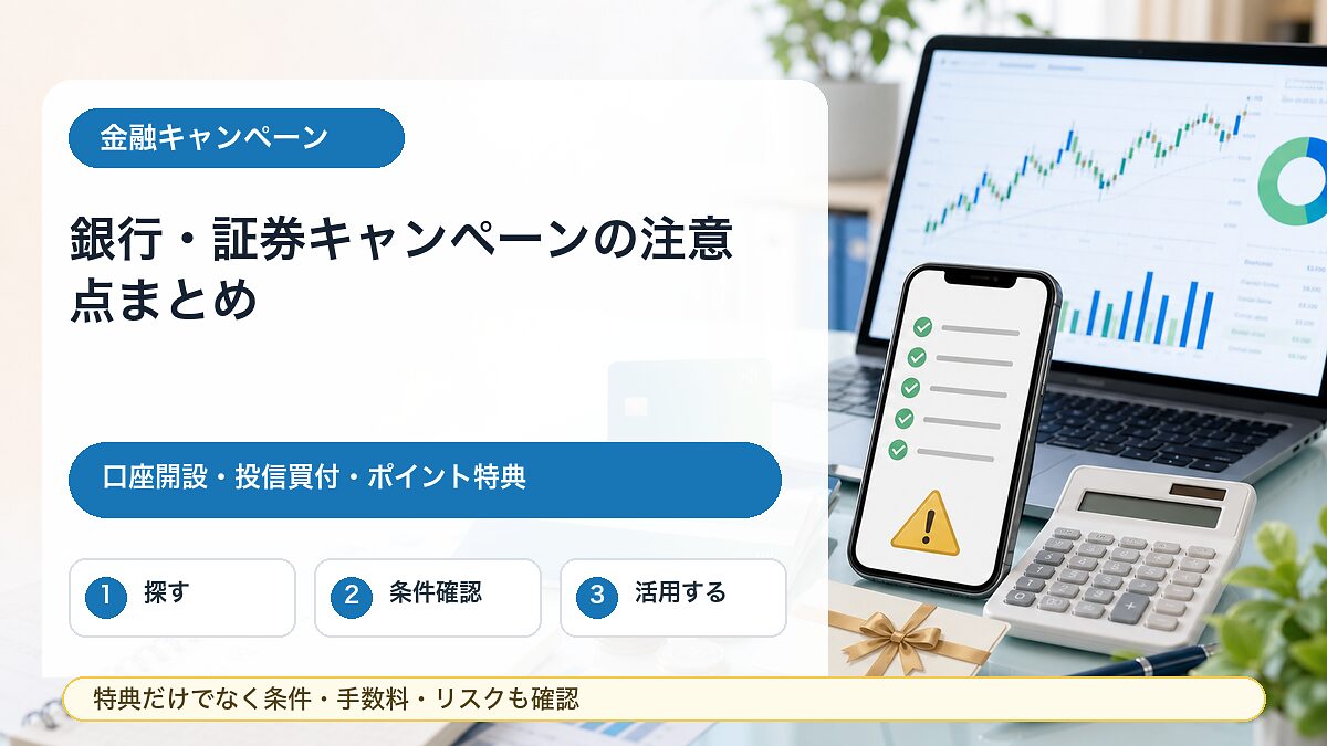 銀行や証券会社の口座開設キャンペーン、投資信託買付、ポイント特典の注意点をまとめたガイドのアイキャッチ