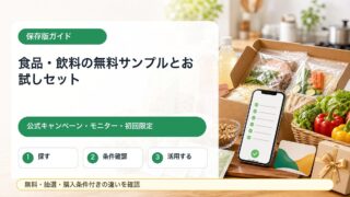 食品や飲料の無料サンプル、お試しセット、公式キャンペーンを探す方法をまとめたガイドのアイキャッチ