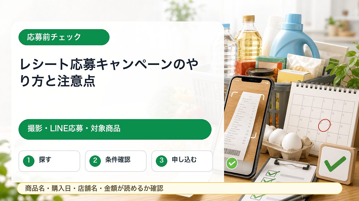 レシート応募キャンペーンの撮影、LINE応募、対象商品確認のポイントをまとめたガイドのアイキャッチ