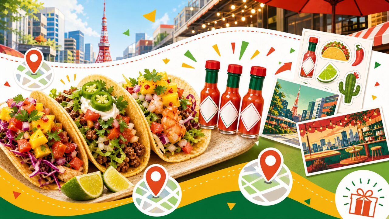都内3店舗でタコス注文者にTABASCOミニボトルなどが配布されるキャンペーンをイメージしたアイキャッチ