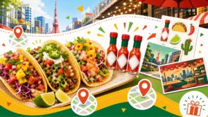都内3店舗でタコス注文者にTABASCOミニボトルなどが配布されるキャンペーンをイメージしたアイキャッチ