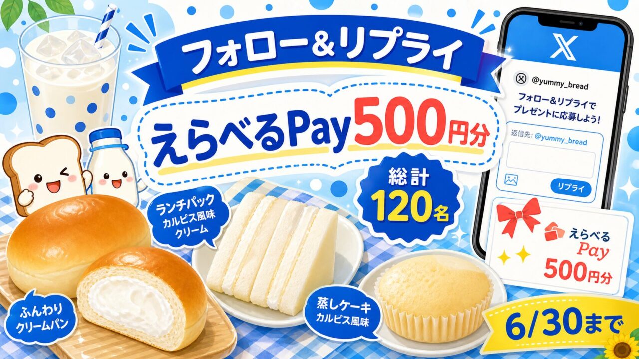 ヤマザキパンのカルピスコラボ商品発売記念Xキャンペーンをイメージしたアイキャッチ
