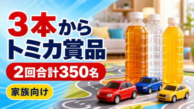 アサヒ飲料の対象品3本からトミカ関連賞品が2回合計350名に当たるキャンペーンのアイキャッチ