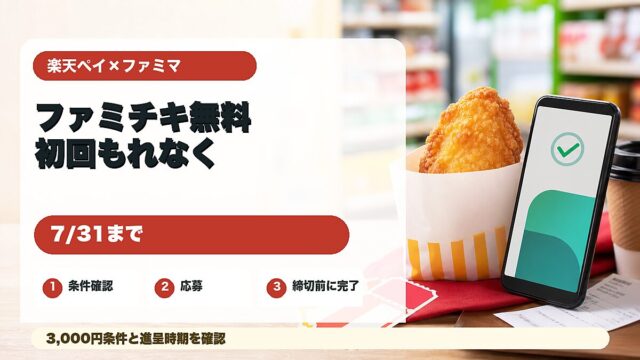 楽天ペイとファミリーマートのファミチキ無料クーポンキャンペーンを紹介するアイキャッチ