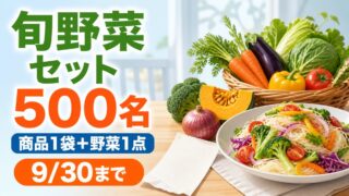 ケンミン食品の商品1袋と野菜1点で旬野菜セットが500名、9月30日までと伝える記事バナー