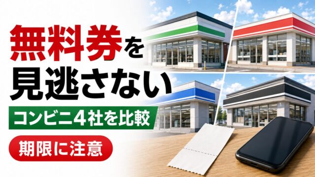 コンビニ4社の無料券とアプリ抽選を比較し期限に注意するまとめ記事のアイキャッチ