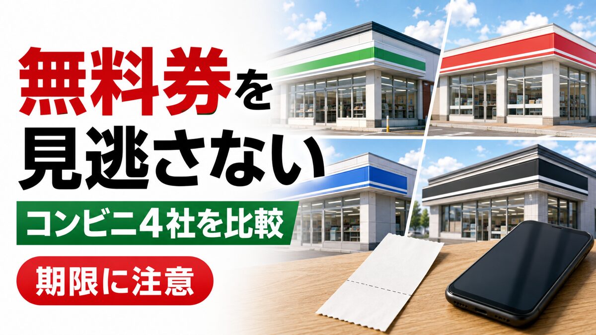 コンビニ4社の無料券とアプリ抽選を比較し期限に注意するまとめ記事のアイキャッチ