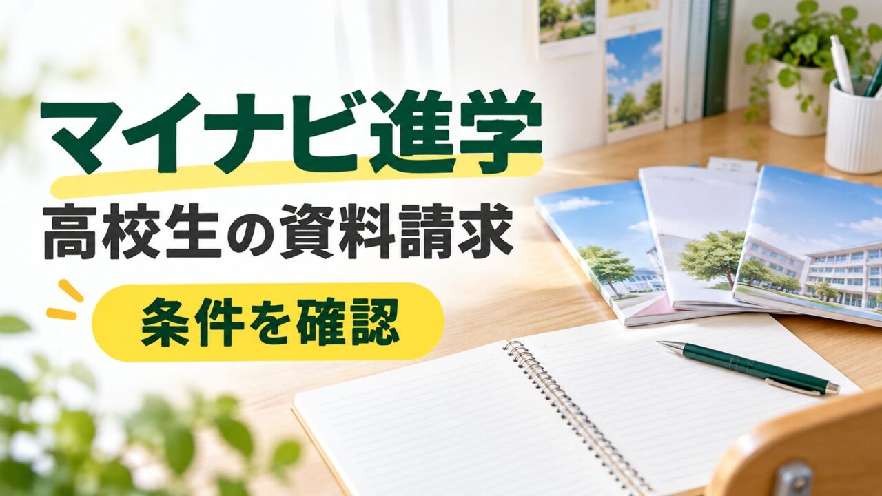 進路資料を並べた机と『マイナビ進学 高校生の資料請求 条件を確認』の文字