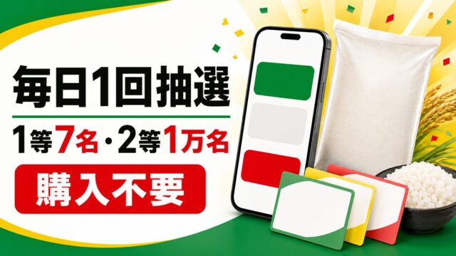 購入不要で毎日1回、1等7名・2等1万名のセブンアプリ抽選を伝えるアイキャッチ