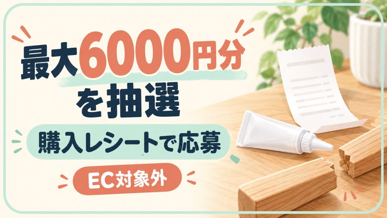 最大6000円分が抽選で当たる、店舗購入レシートによる応募。EC対象外。