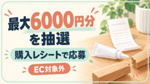 最大6000円分が抽選で当たる、店舗購入レシートによる応募。EC対象外。