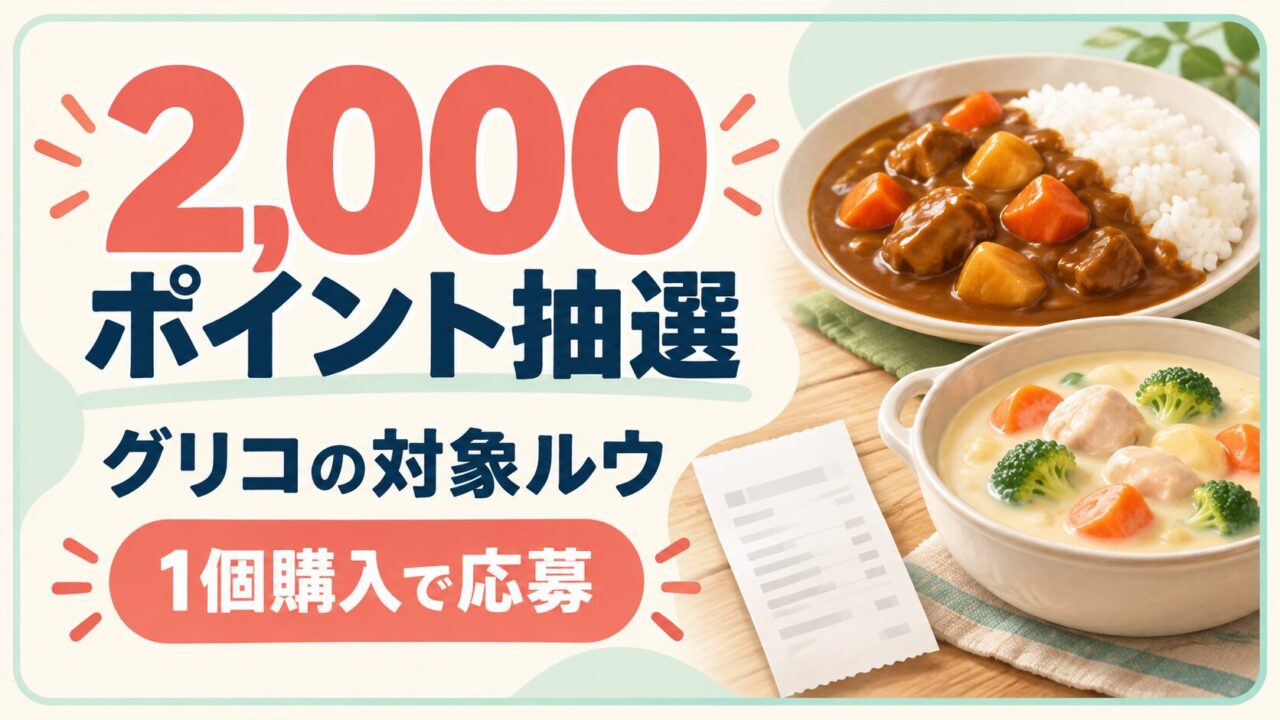 グリコの対象ルウ1個購入で2,000ポイント抽選。カレーとシチューのイメージ。