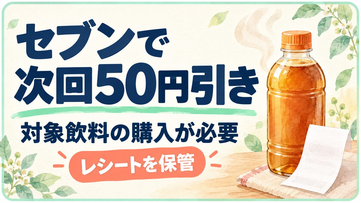 セブンで次回50円引き。対象飲料の購入が必要。レシートを保管。