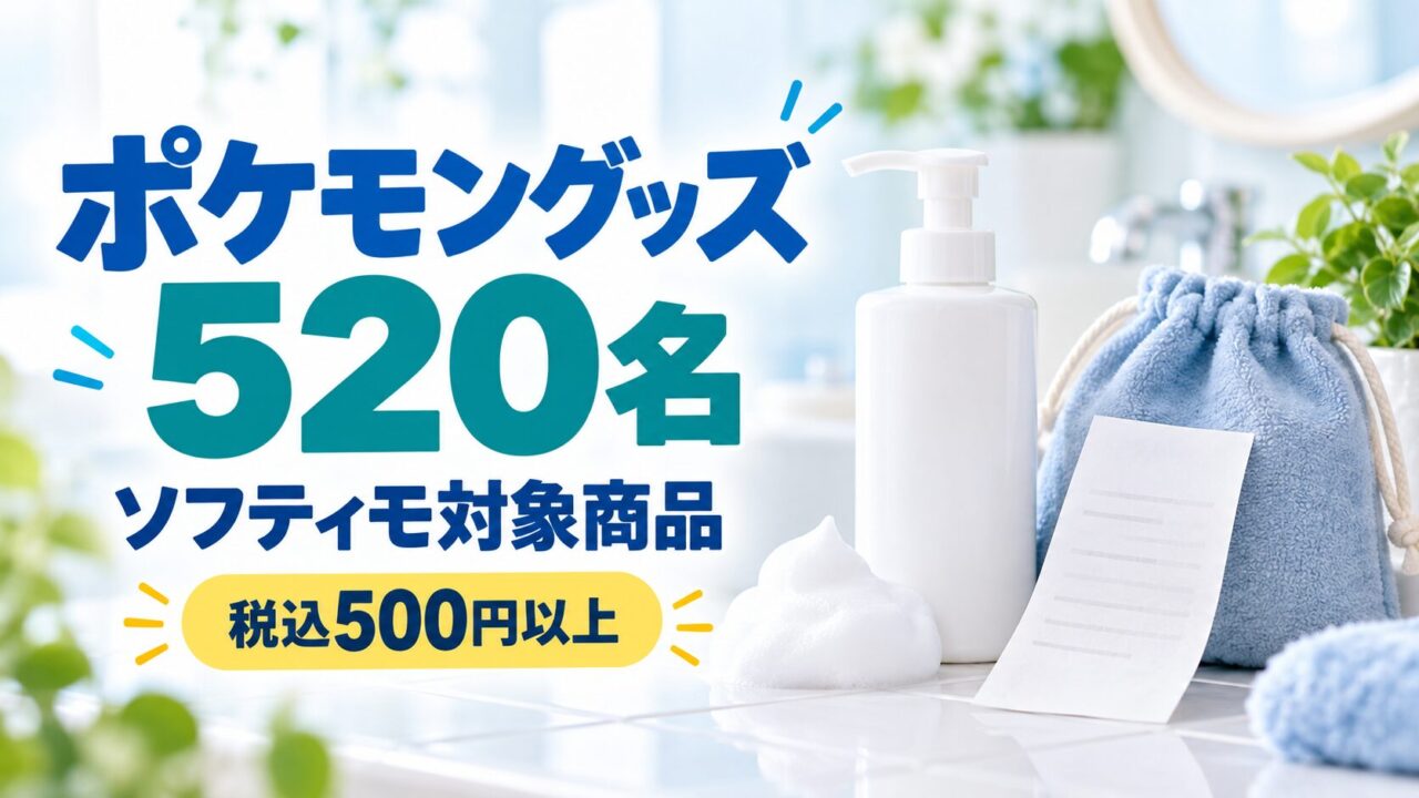 ソフティモ対象商品税込500円以上の購入でポケモングッズが抽選で520名に当たる企画を示すバナー