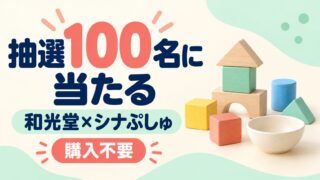 和光堂×シナぷしゅの購入不要抽選100名。木製つみきと食品のイメージ。
